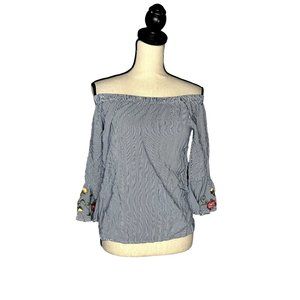 Crave Fame by Almost Famous Blue White Stripe Off the Shoulder Blouse Size L